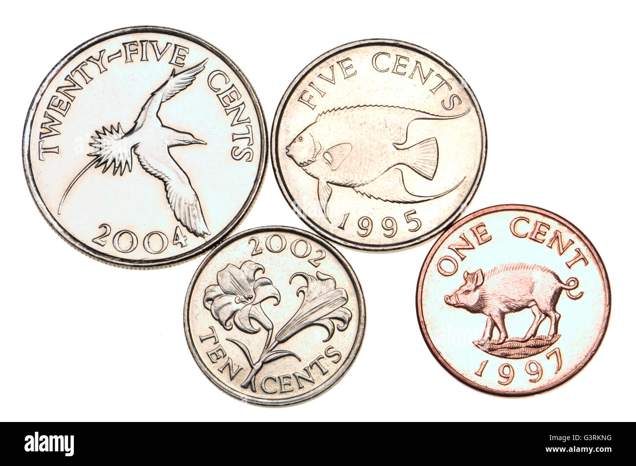 Bermudan monete che mostra i disegni dalla natura: wild hog (1c) pesci angelo (5c) Bermuda Gigli di Pasqua (10c) Longtail (25c) Foto Stock