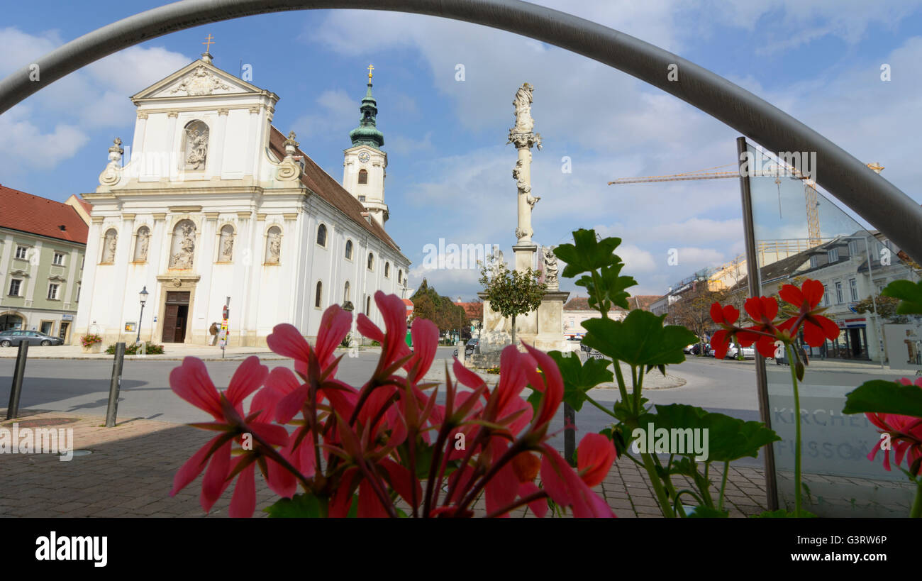 La piazza principale, la Chiesa, colonna mariana, Austria, Niederösterreich, Bassa Austria, Donau, Bruck an der Leitha Foto Stock