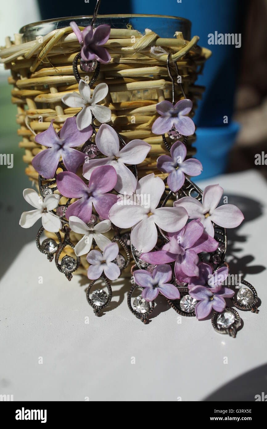 Bella orecchini dal giardino violetto lilla in primavera fioriscono decorazione per donna Foto Stock