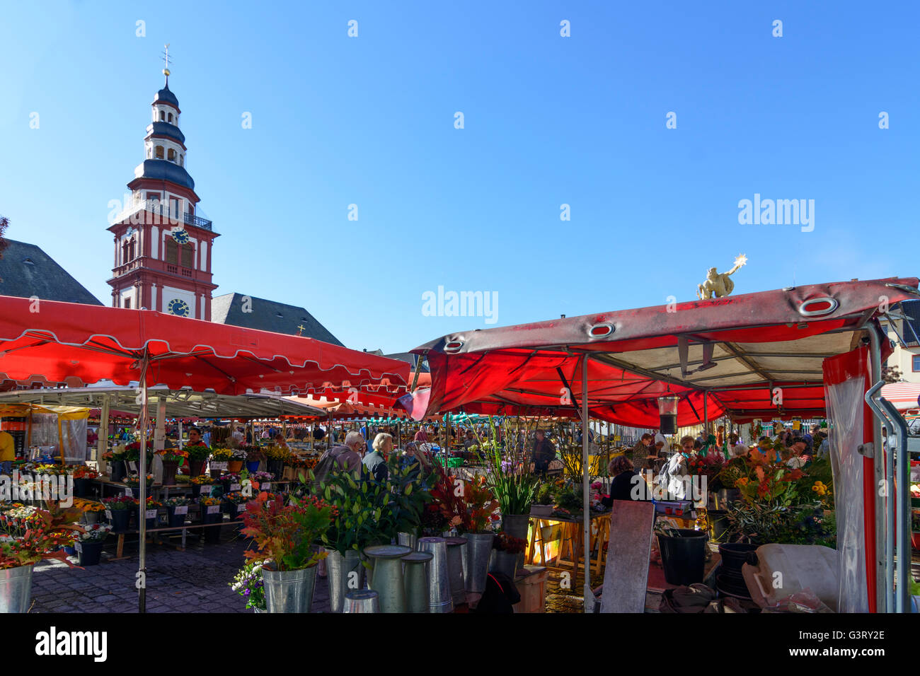 La piazza del mercato con il Vecchio Municipio e Chiesa di San Sebastian con il mercato settimanale, Germania, Baden-Württemberg, Kurpfalz, Mannheim Foto Stock