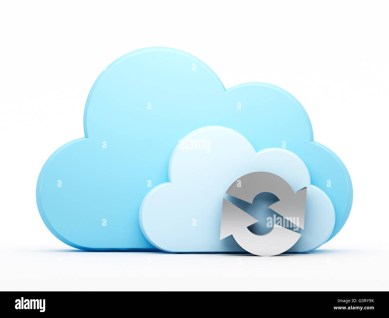 La tecnologia di cloud computing. Caricamento e scaricamento con le frecce blu sul cloud con cloud blu su sfondo bianco. Foto Stock
