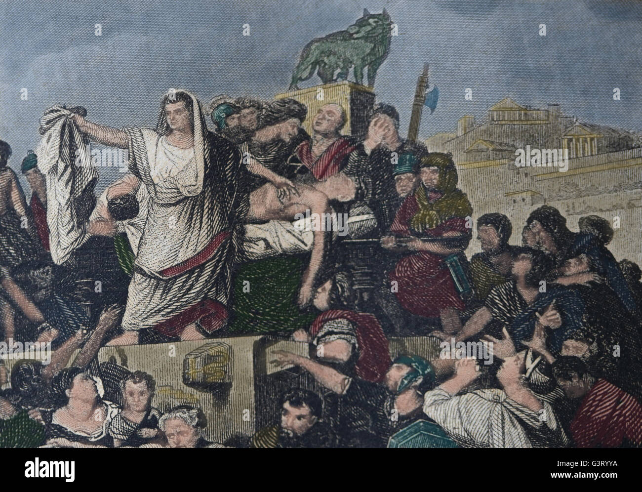 Funerale di Giulio Cesare (100-44 a.C.). Marco Antonio offre orazione funebre per Giulio Cesare. Roma. Incisione del XIX secolo. Co Foto Stock