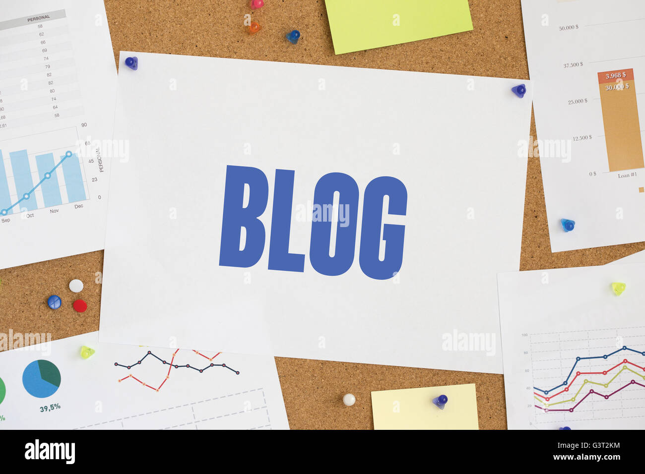 Grafici e tabelle che mostrano i risultati con la parola blog scritto sulla bacheca Foto Stock
