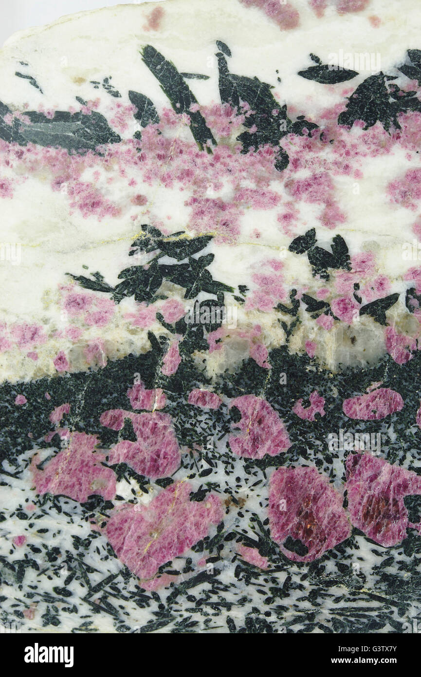 Eudialyte, Arfvedsonite e nefelina, larghezza immagine 4,5 cm, da Kangerluarsuk, Ilimaussaq intrusione, Groenlandia Foto Stock