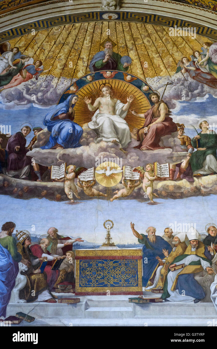 Roma. L'Italia. Disputa del Sacramento (1509-10) affresco di Raffaello, Musei Vaticani. Musei Vaticani. Foto Stock