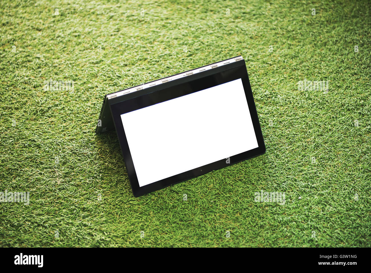 Computer portatile con la schermata vuota bianca sull'erba verde Foto Stock