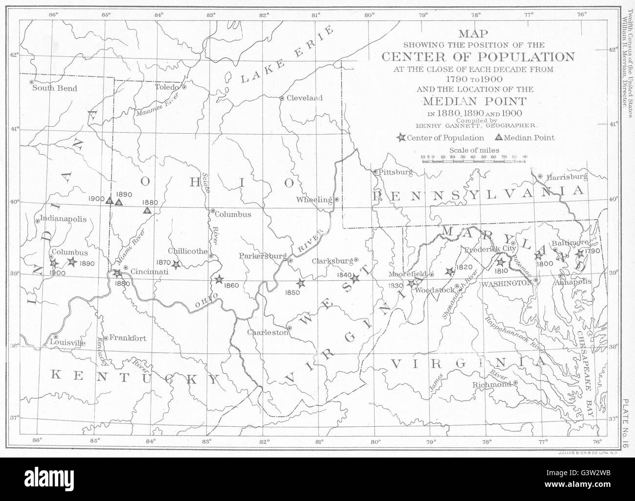 USA: WV OH MD VA KY: centro mappa mediana popolazione Pt 1790 1900, 1900 Foto Stock
