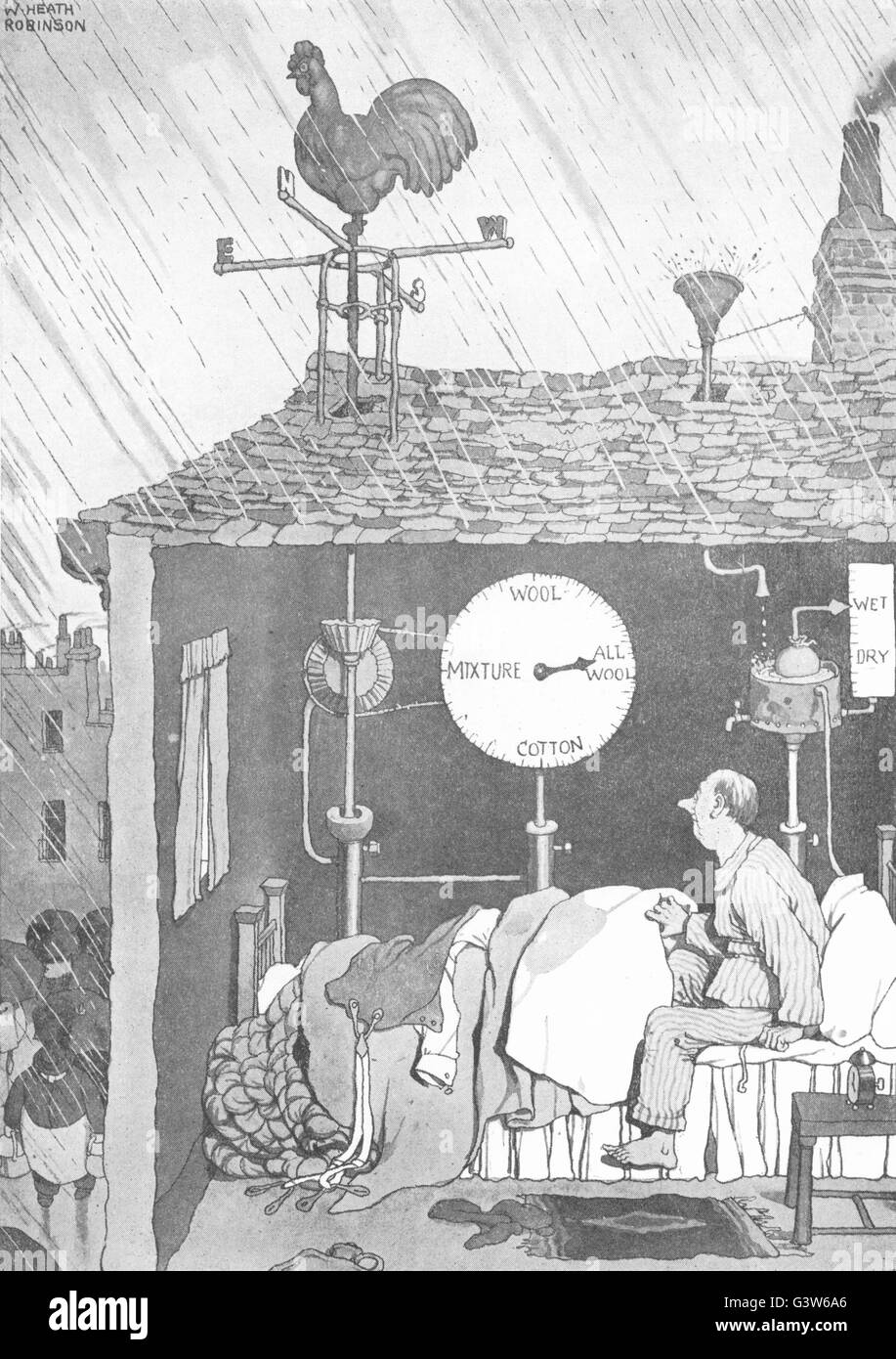 HEATH ROBINSON: Cosa devo mettere? Indicatore meteo, mattina, stampa 1920 Foto Stock