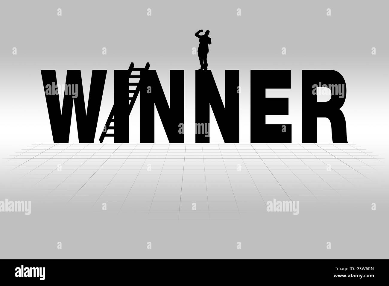 Vincitore parola comunicando la concezione di business del vincitore in silhouette. Foto Stock
