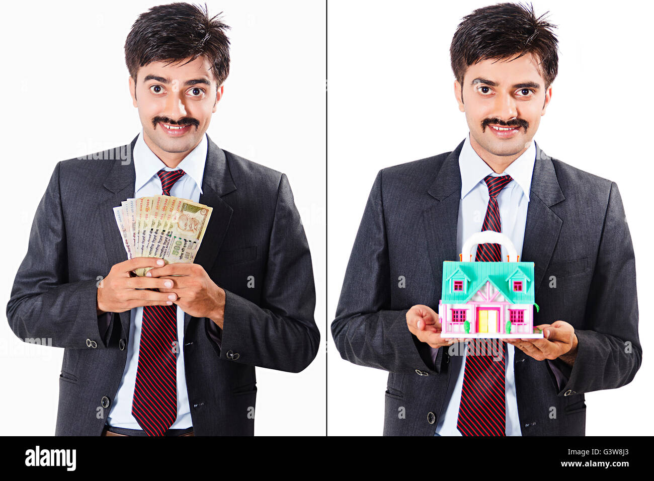 Uomo adulto uomo d affari casa denaro personalità multiple nuovo rupie venditore sorride mostrando Foto Stock