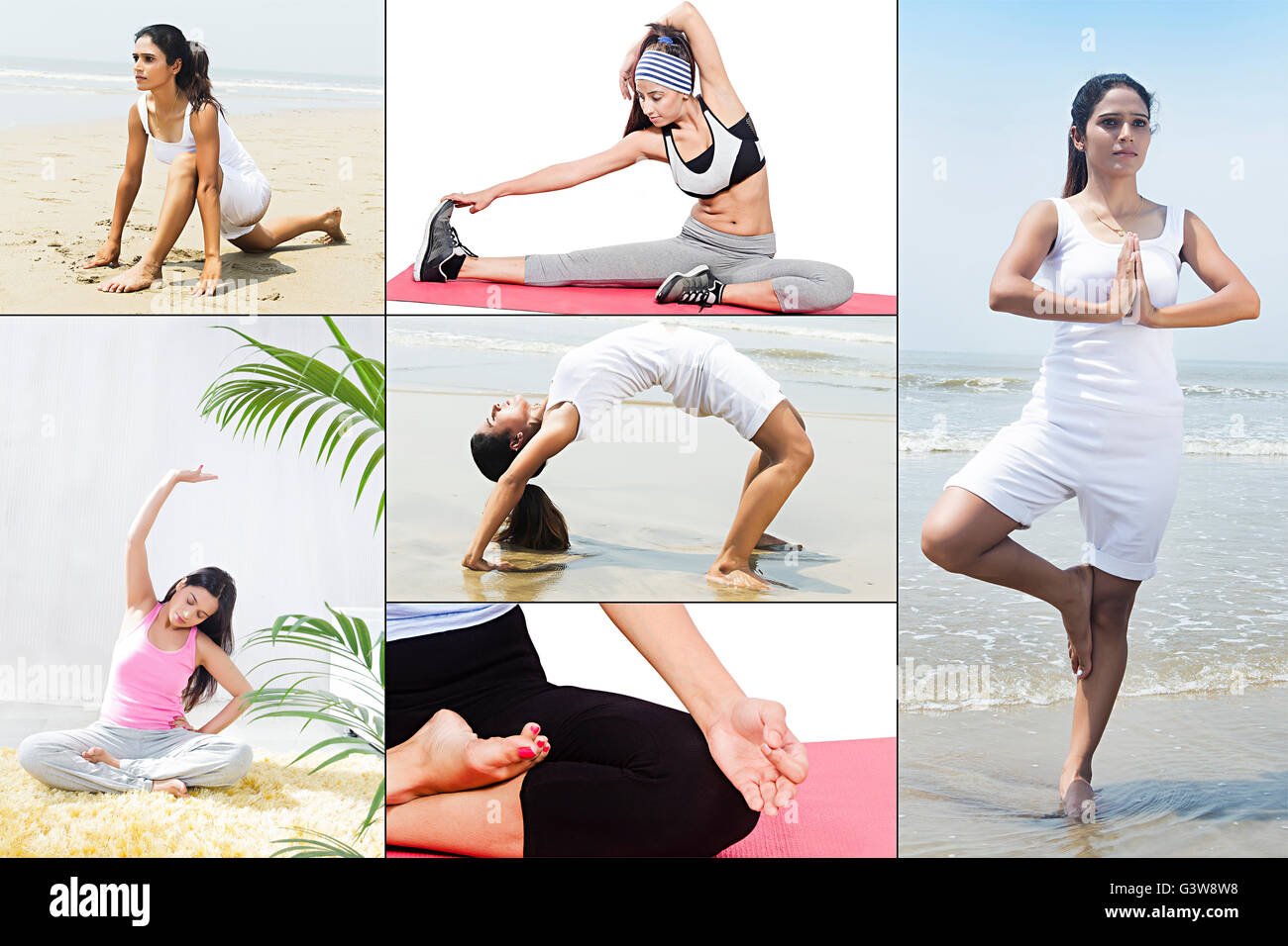 Gruppi di fitness potenziati digitalmente o gruppi di persone che praticano lo stretching solo donne allenano lo yoga Foto Stock