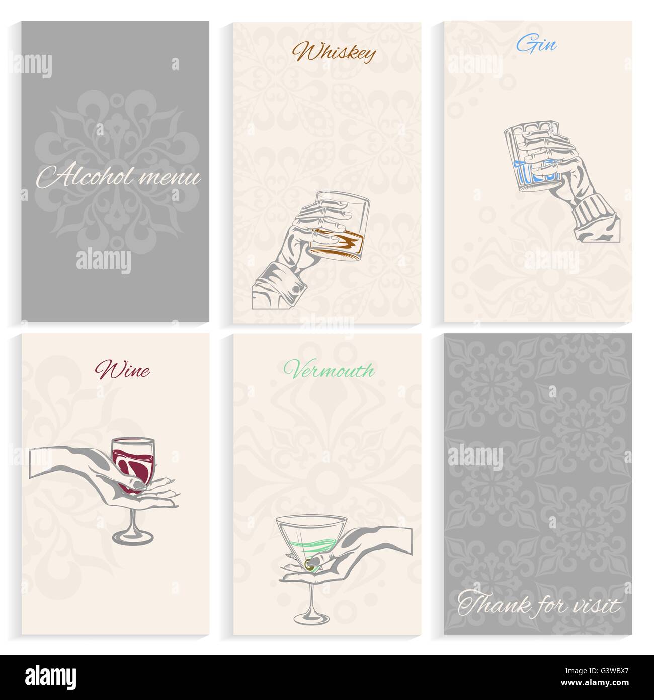 Impostare le pagine di menu di alcool mano che trattiene il vetro Illustrazione Vettoriale