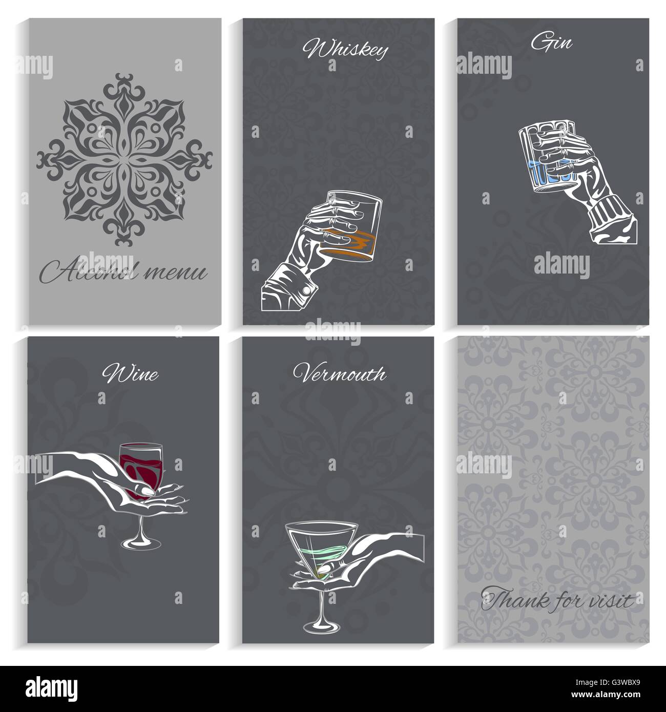 Impostare le pagine di menu di alcool, donna man mano che trattiene il vetro Illustrazione Vettoriale