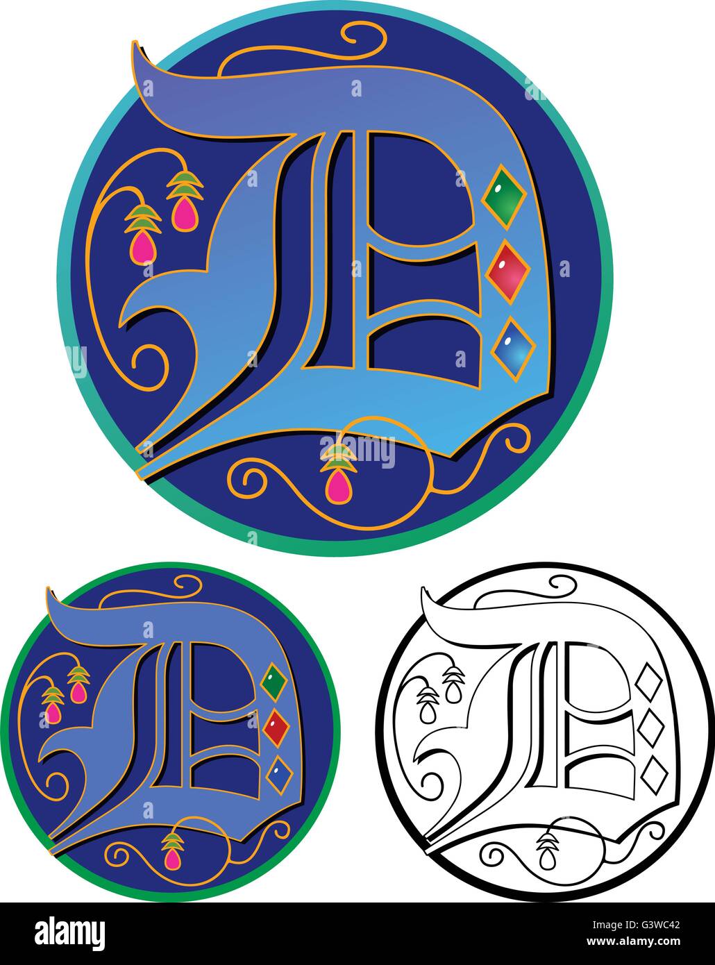 Monogramma ornati iniziale, a colori, con piatto e contorno nero versioni. Illustrazione Vettoriale