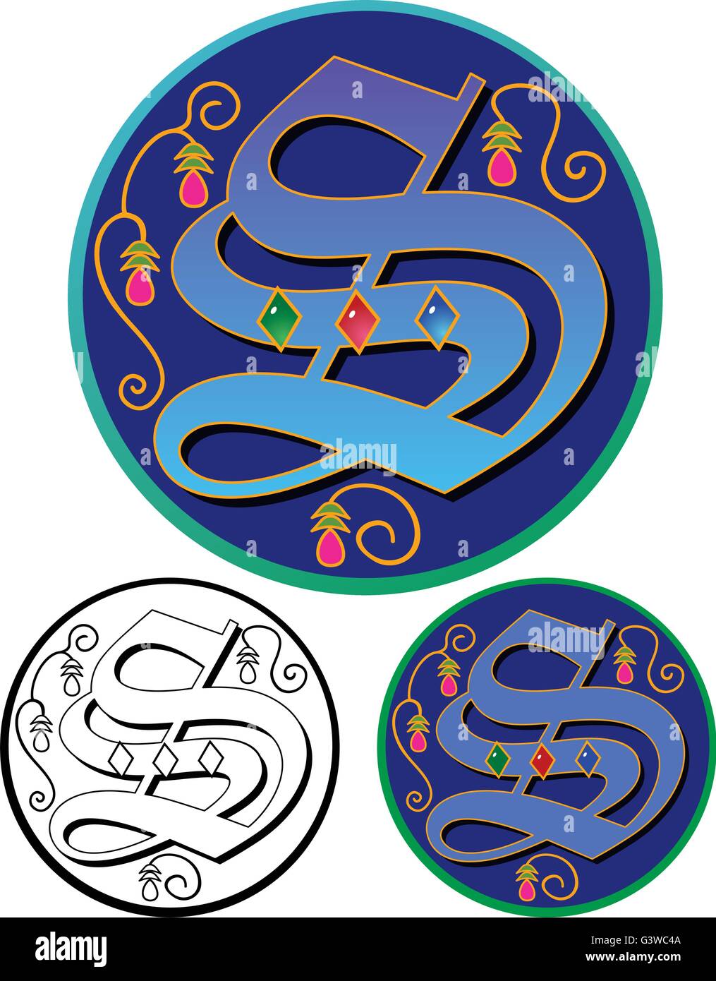 Monogramma ornati iniziale, a colori, con piatto e contorno nero versioni. Illustrazione Vettoriale