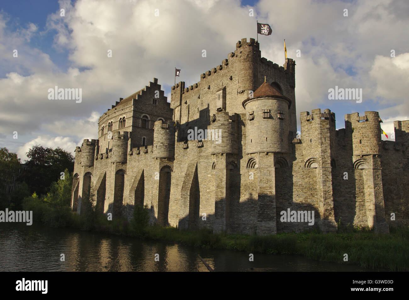 Il Castello di Gravensteen, luce della sera, Belgio, Gand Foto Stock