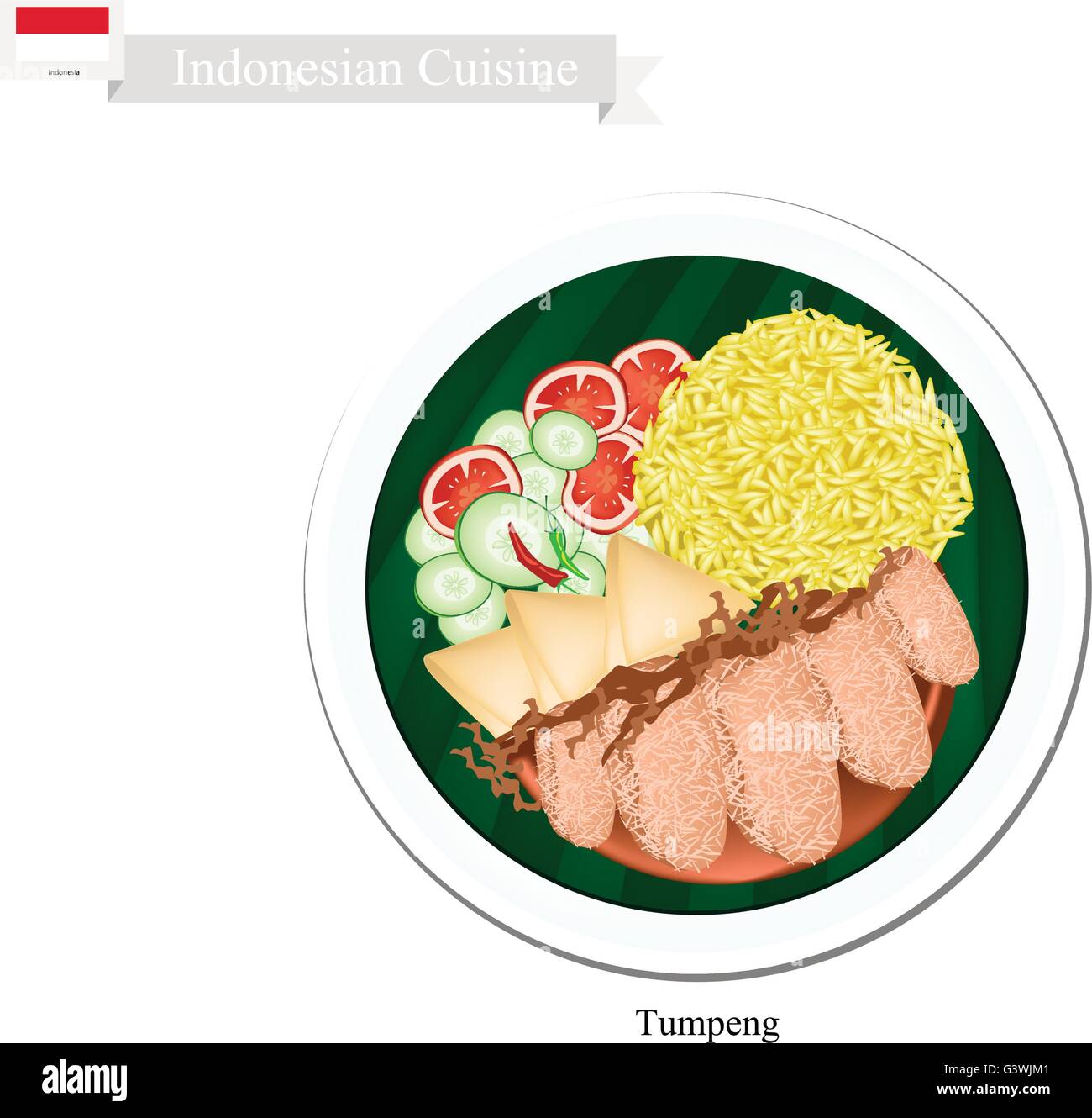 Cucina Indonesiana, Tumpeng o tradizionale giallo di riso al curry con profondo fritto fettine di maiale, tofu e verdure, uno dei più P Illustrazione Vettoriale