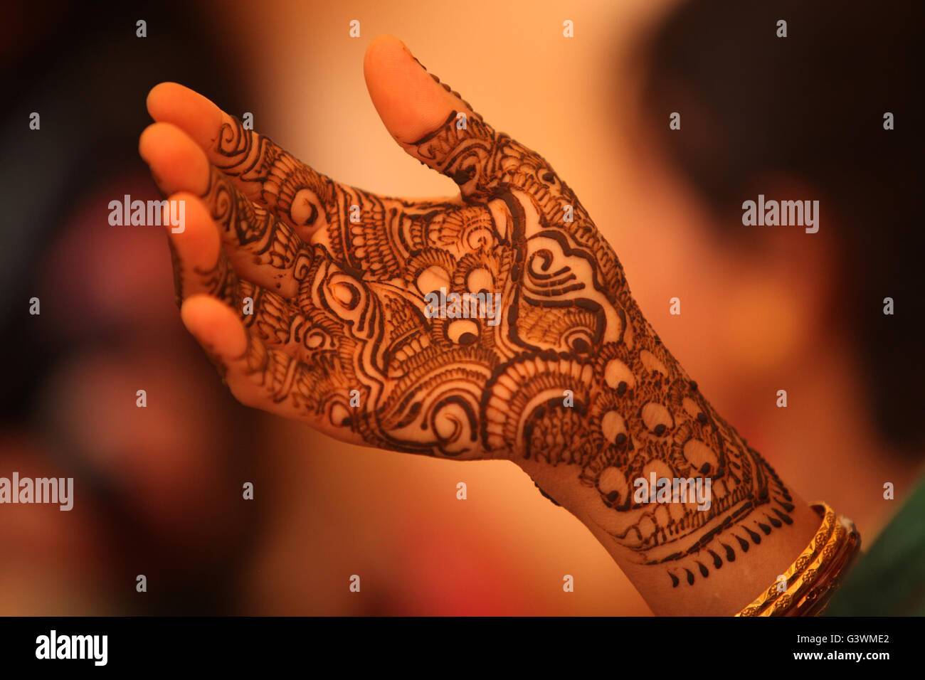 Bellissimo design con schemi tradizionali di henna mehendi o come viene chiamato per la mano di un indiano sposa. Foto Stock