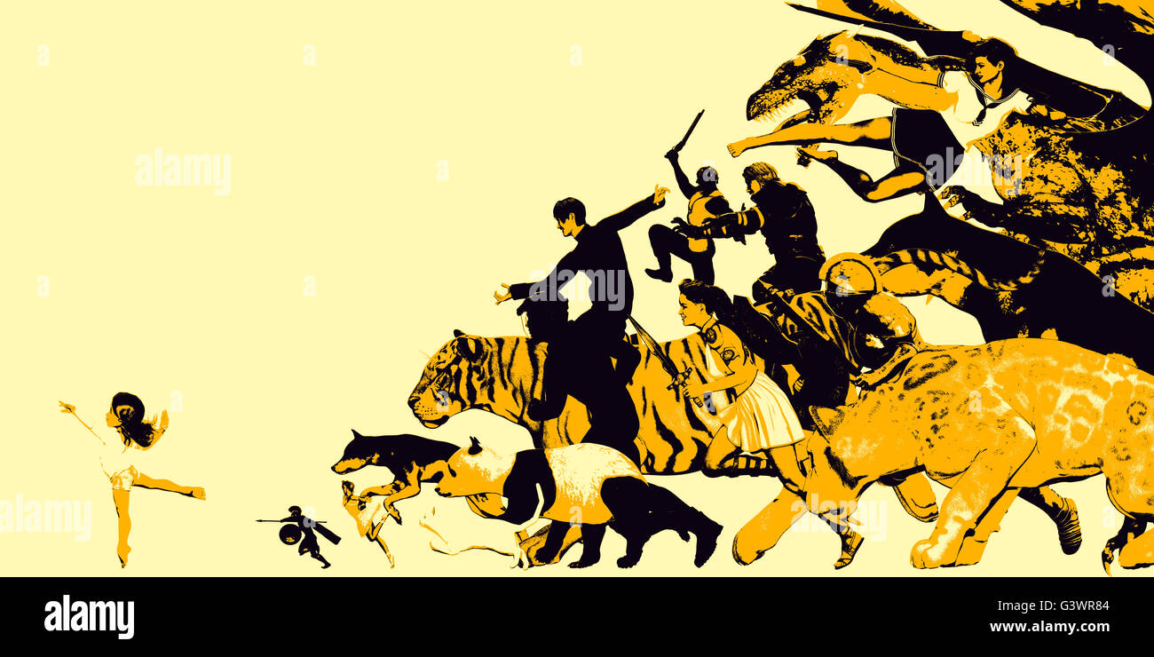 Bambino felice giocando da solo con gli amici immaginari e il mondo Foto Stock