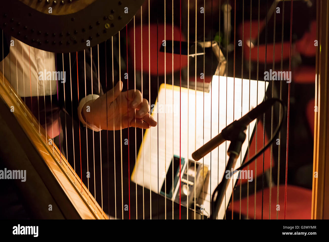 Parte di uno strumento musicale chiamato arpa in astratto dello sfondo. Foto Stock