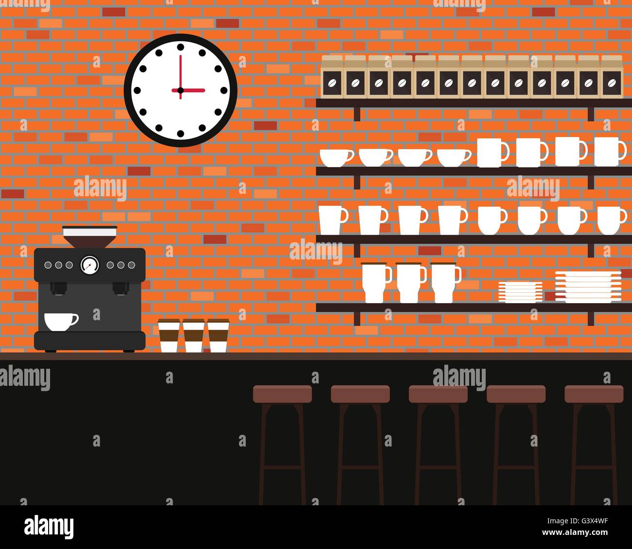 Interior coffee shop texture di mattoni design piatto illustrazione vettoriale Illustrazione Vettoriale