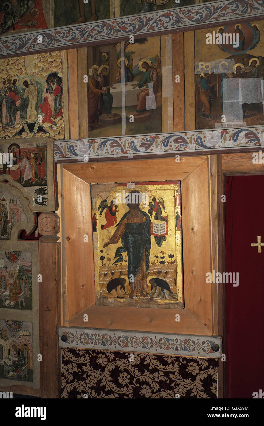 Icona russa (eventualmente profeta Elia, xvii secolo), la chiesa di La intersession, isola di Kizhi, Russia. Carelia Russa pittura Foto Stock