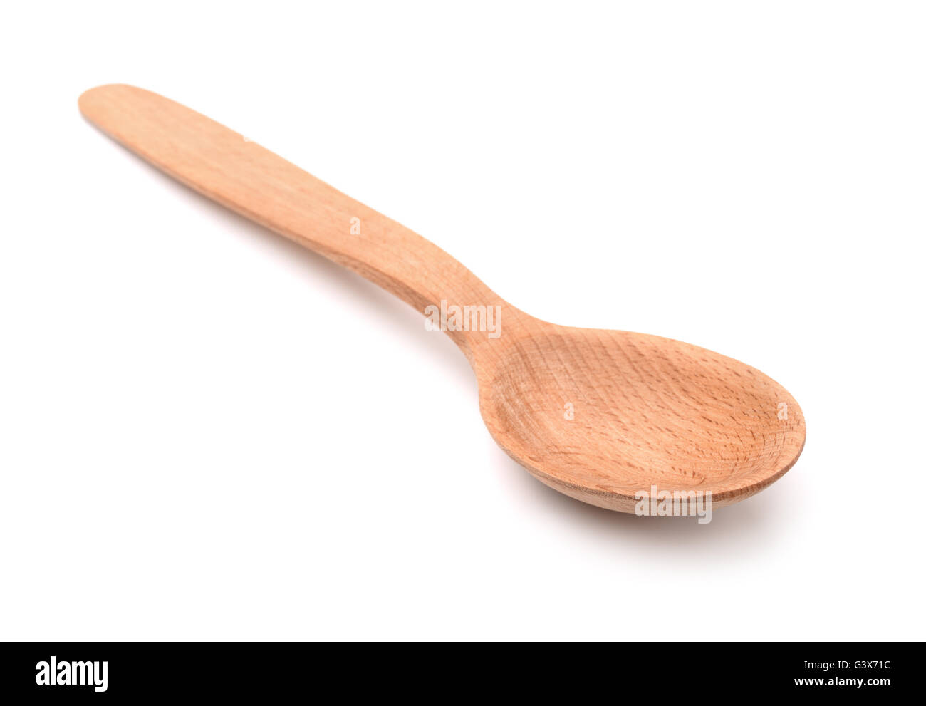 Vuoto cucchiaio di legno isolato su bianco Foto Stock