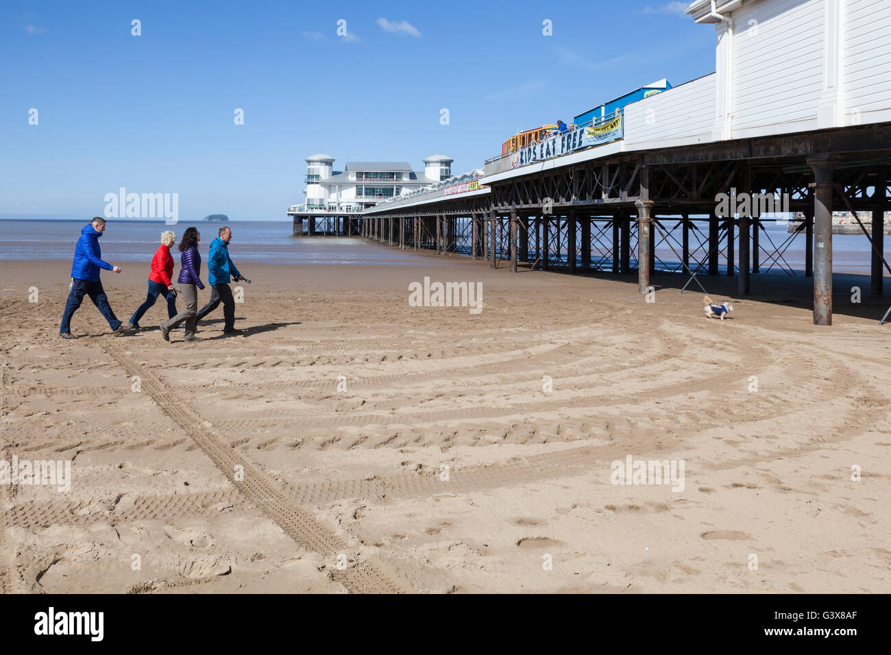 I turisti a piedi sulla spiaggia con un piccolo cane verso la grande molo Weston-Super-Mare. Foto Stock
