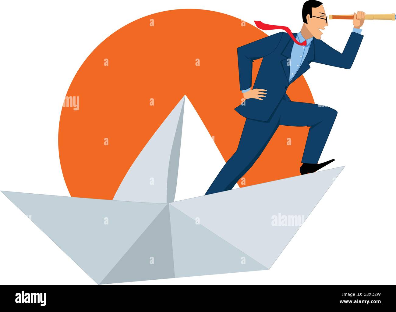 Imprenditore con un cannocchiale su una barca di carta, Rising Sun dietro di lui Illustrazione Vettoriale