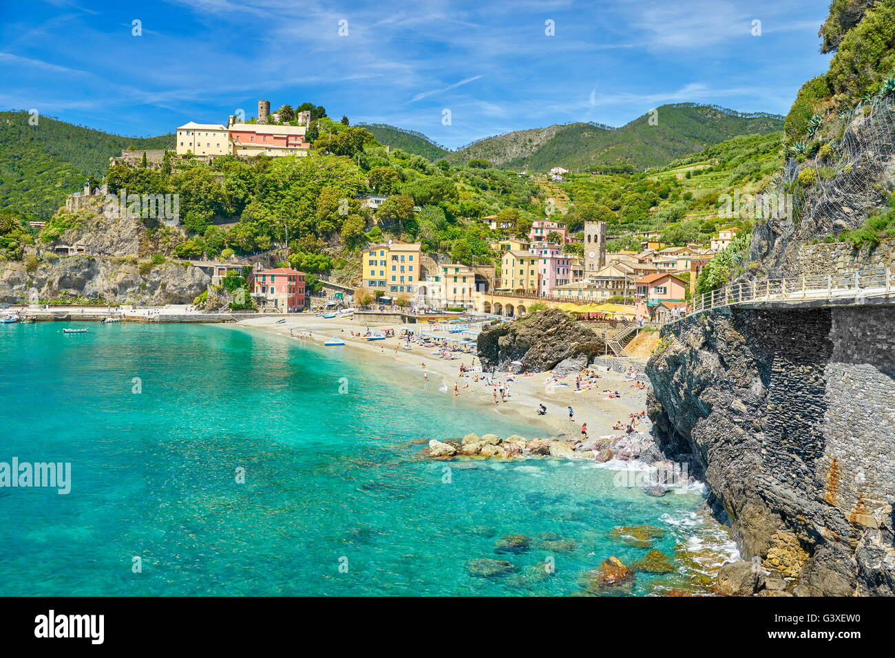 Spiaggia di Monterosso al Mare, Cinque Terre Liguria, Italia Foto Stock