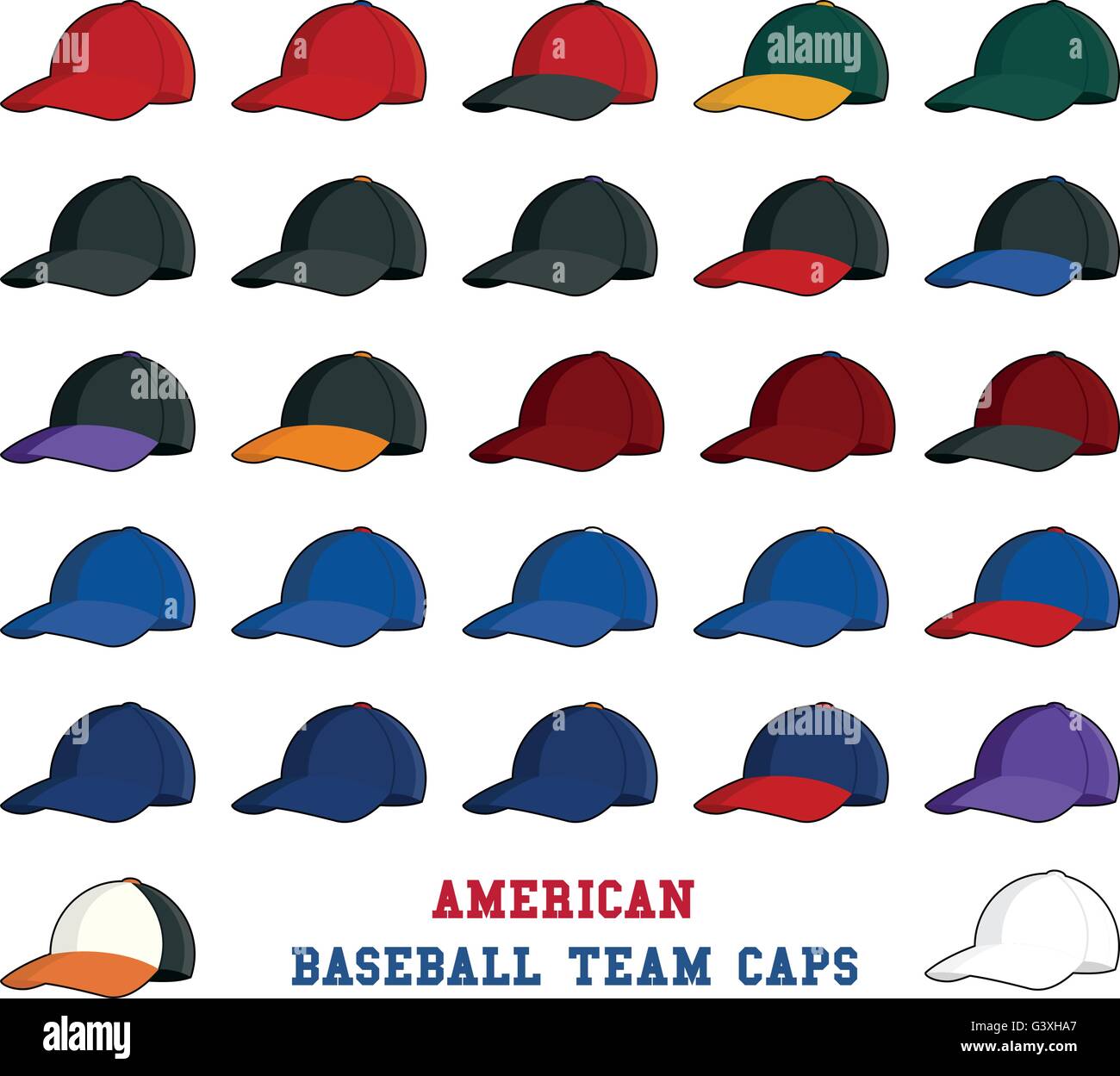 Raccolta di cappello da baseball le icone con i colori del team di american professional league Illustrazione Vettoriale