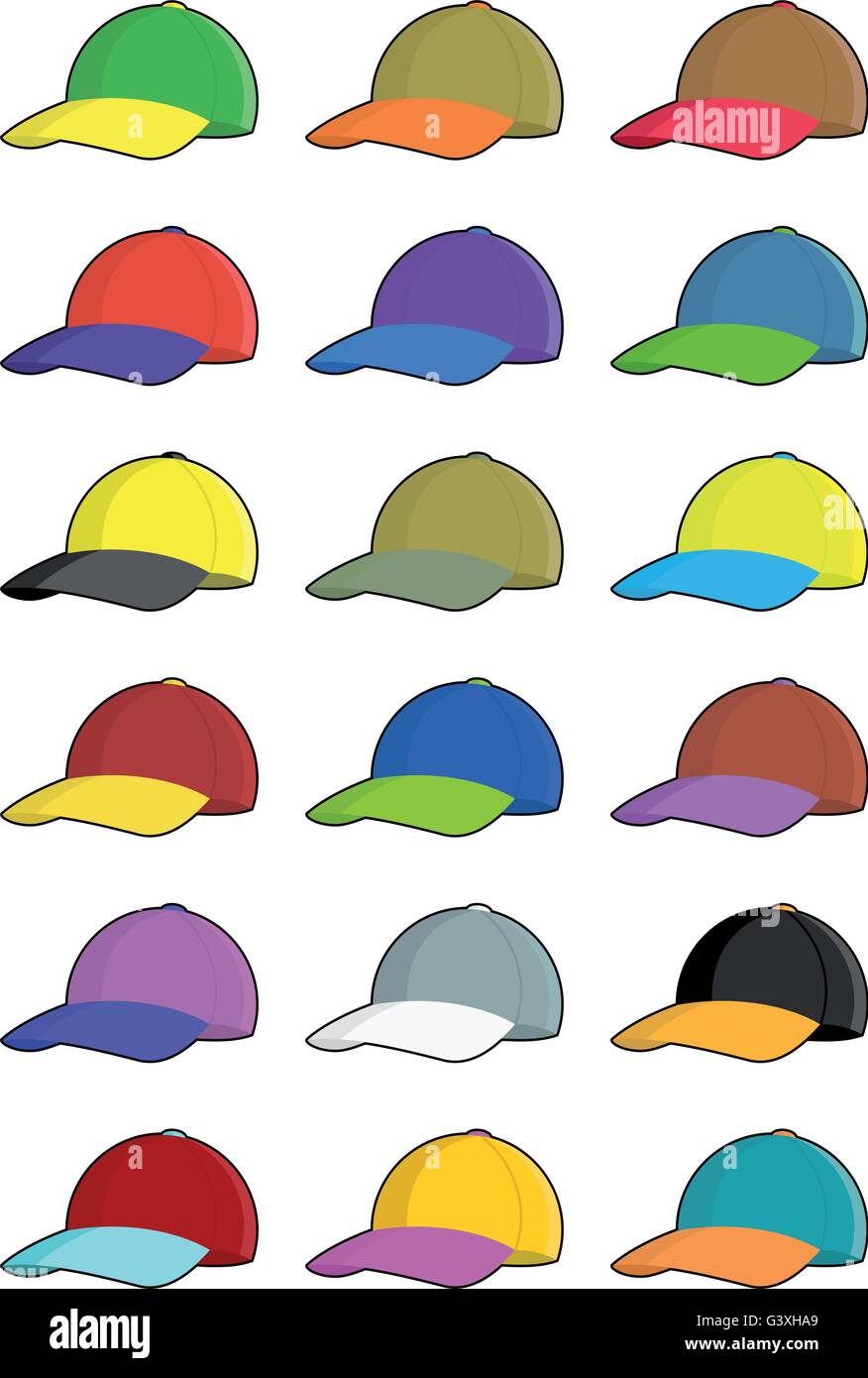 Raccolta di cappello da baseball le icone con varie combinazioni di due colori Illustrazione Vettoriale