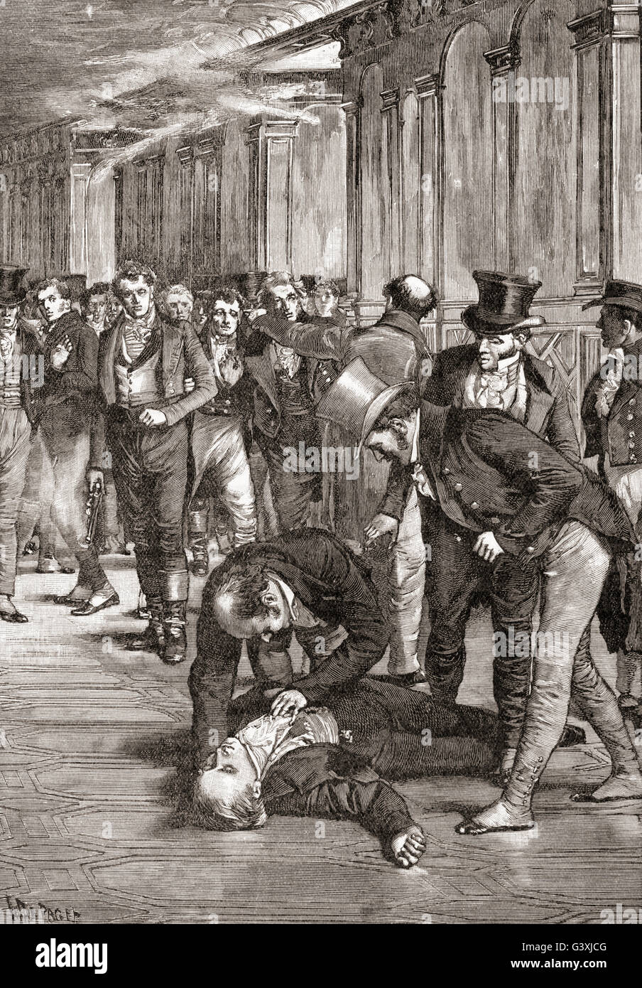 L'assassinio di Spencer Perceval nella Camera dei Comuni di Londra, Inghilterra in 1812. Spencer Perceval, 1762 - 1812. Il primo ministro del Regno Unito. Foto Stock