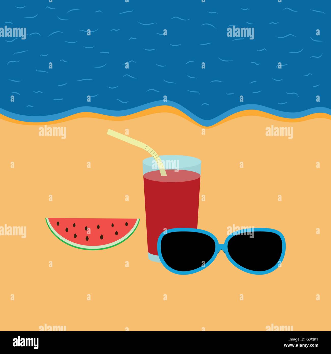 Serata a riva con gli occhiali, il cocomero e drink in un bicchiere Illustrazione Vettoriale