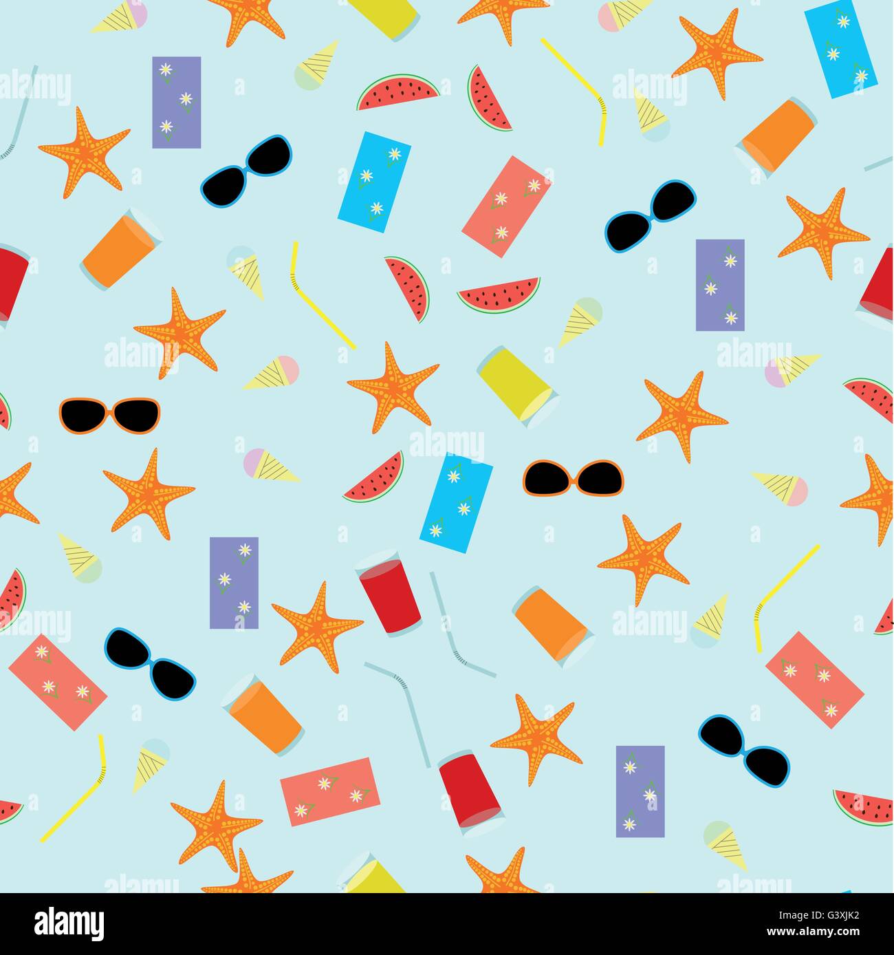 Modello senza giunture Tema estivo con bevande, cibo, stelle marine, asciugamano, occhiali da sole ed anguria Illustrazione Vettoriale