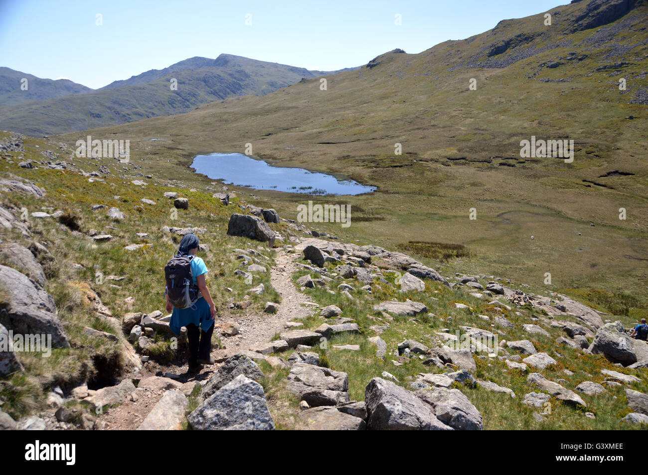 Lone Lady percorrendo a piedi il percorso al rosso Tarn dalla Wainwright Pike di Blisco nel Parco Nazionale del Distretto dei Laghi, Cumbria, Regno Unito Foto Stock