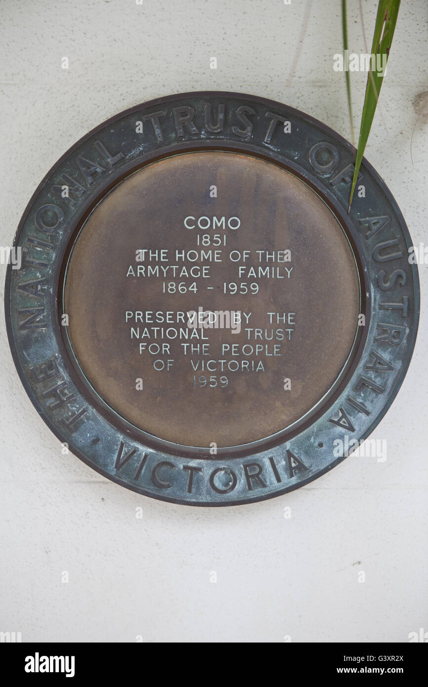Placca alla casa di Como, Melbourne Foto Stock