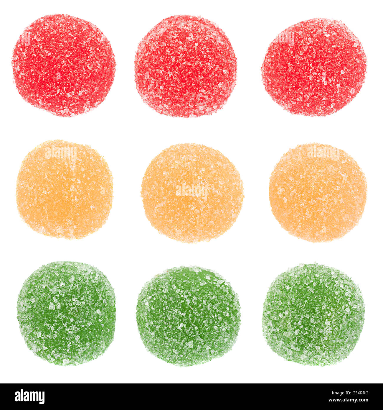 I canditi di round gelatine di frutta isolato su sfondo bianco Foto Stock