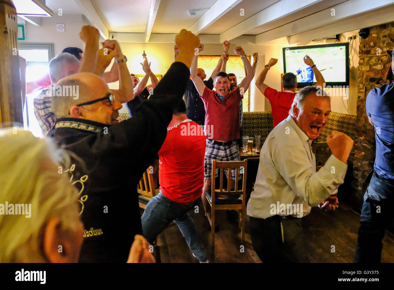 Aberystwyth, Wales, Regno Unito. Il 16 giugno 2016. Il giubilo in un pub in Aberystwyth come il Galles cliente il loro primo e unico obiettivo nella partita contro l'Inghilterra di oggi, che il Galles ha perso da 2:1 Credito: Alan Hale/Alamy Live News Foto Stock