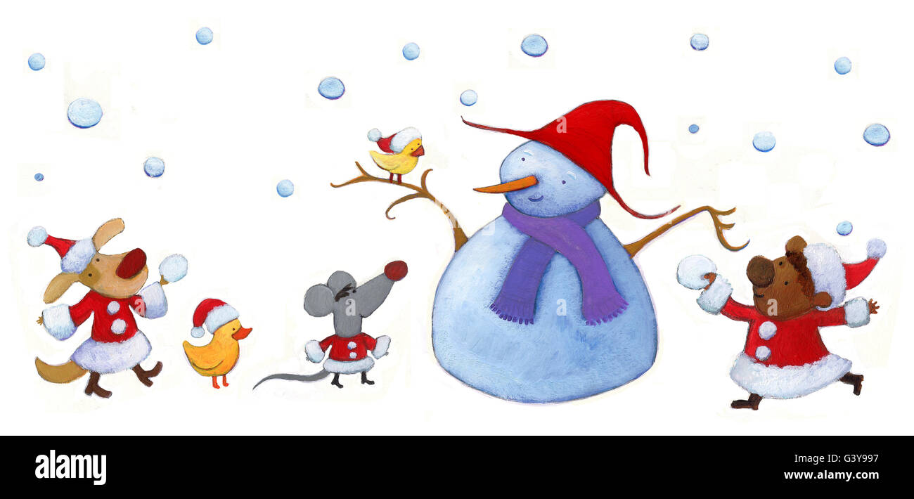 Pupazzo di neve circondato dai suoi amici animali tutti vestiti fino a Santa Claus costumi. Un cane, due uccelli, un mouse e un piccolo orso Foto Stock