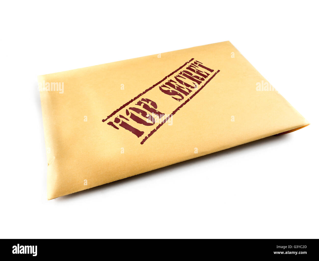 Busta gialla con top secret files su sfondo bianco Foto Stock