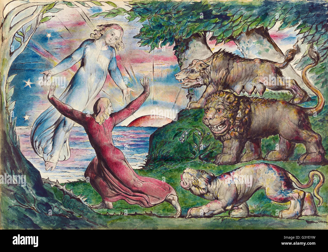 William Blake - Dante in esecuzione da tre bestie Foto Stock