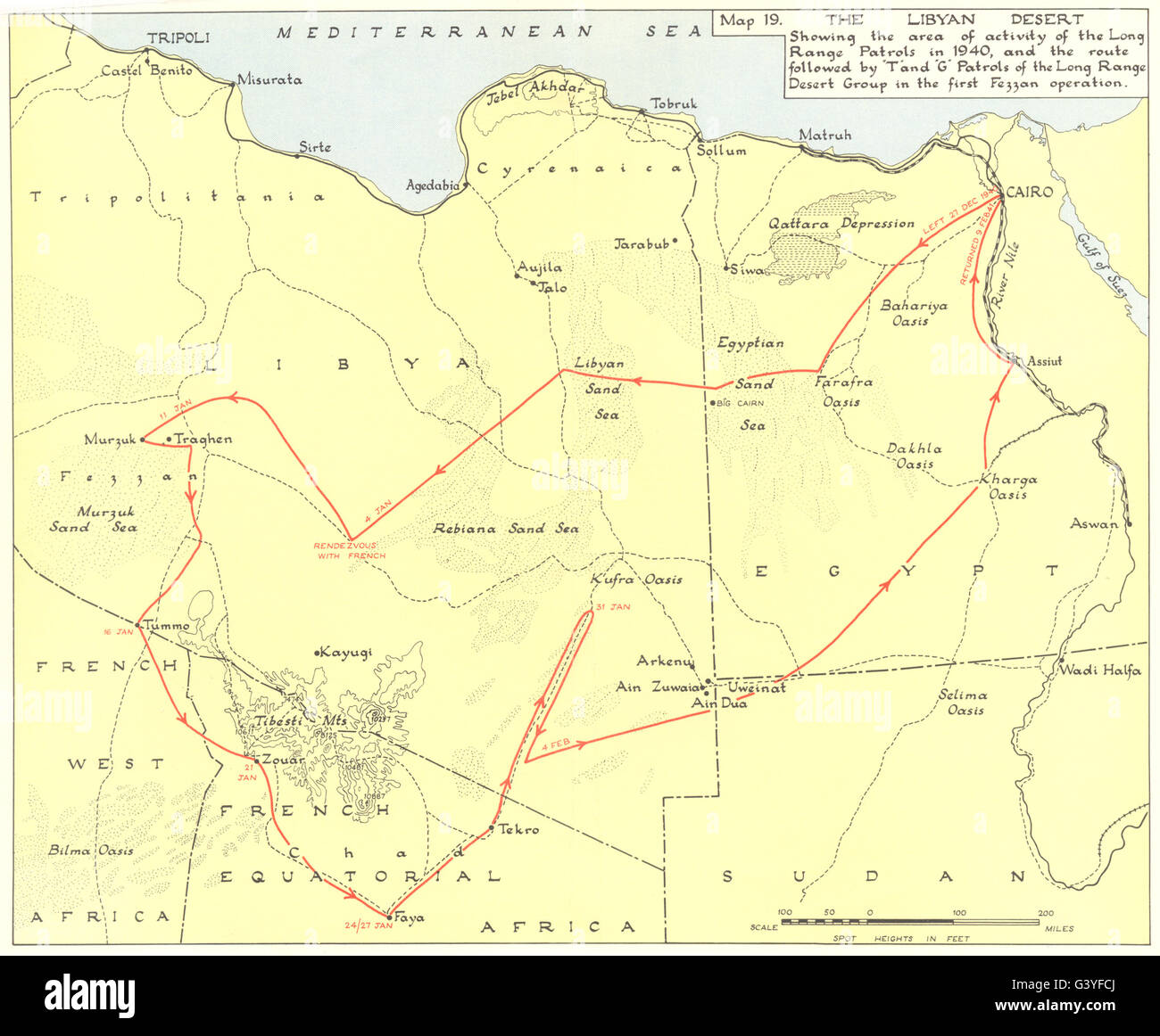 Deserto Libico:offensiva britannica:pattuglie 1940; 'T' e 'G' 1° Fezzan op 1954 mappa Foto Stock