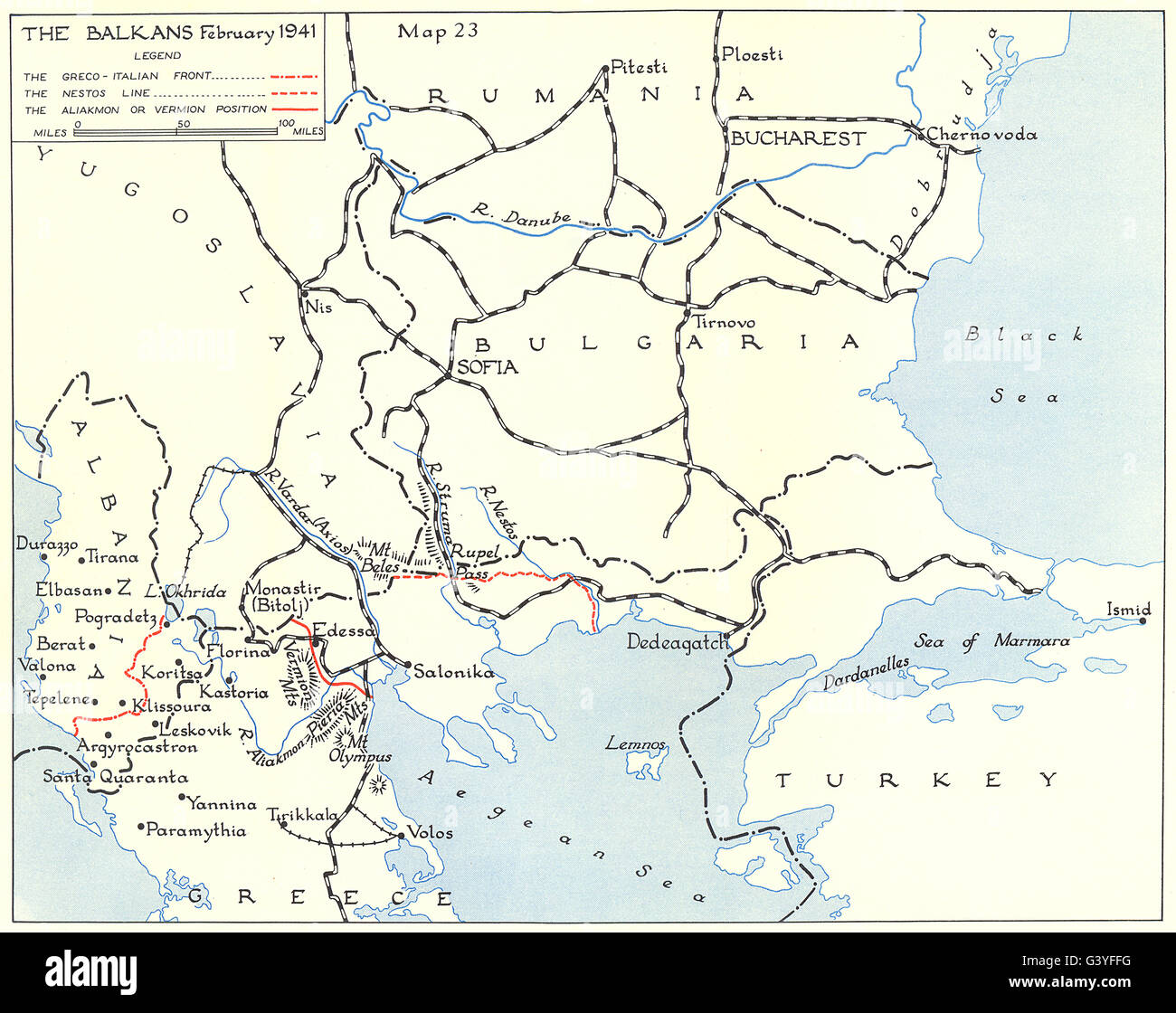 Balcani: Germania gira per i Balcani: i Balcani Febbraio 1941, 1954 mappa vecchia Foto Stock