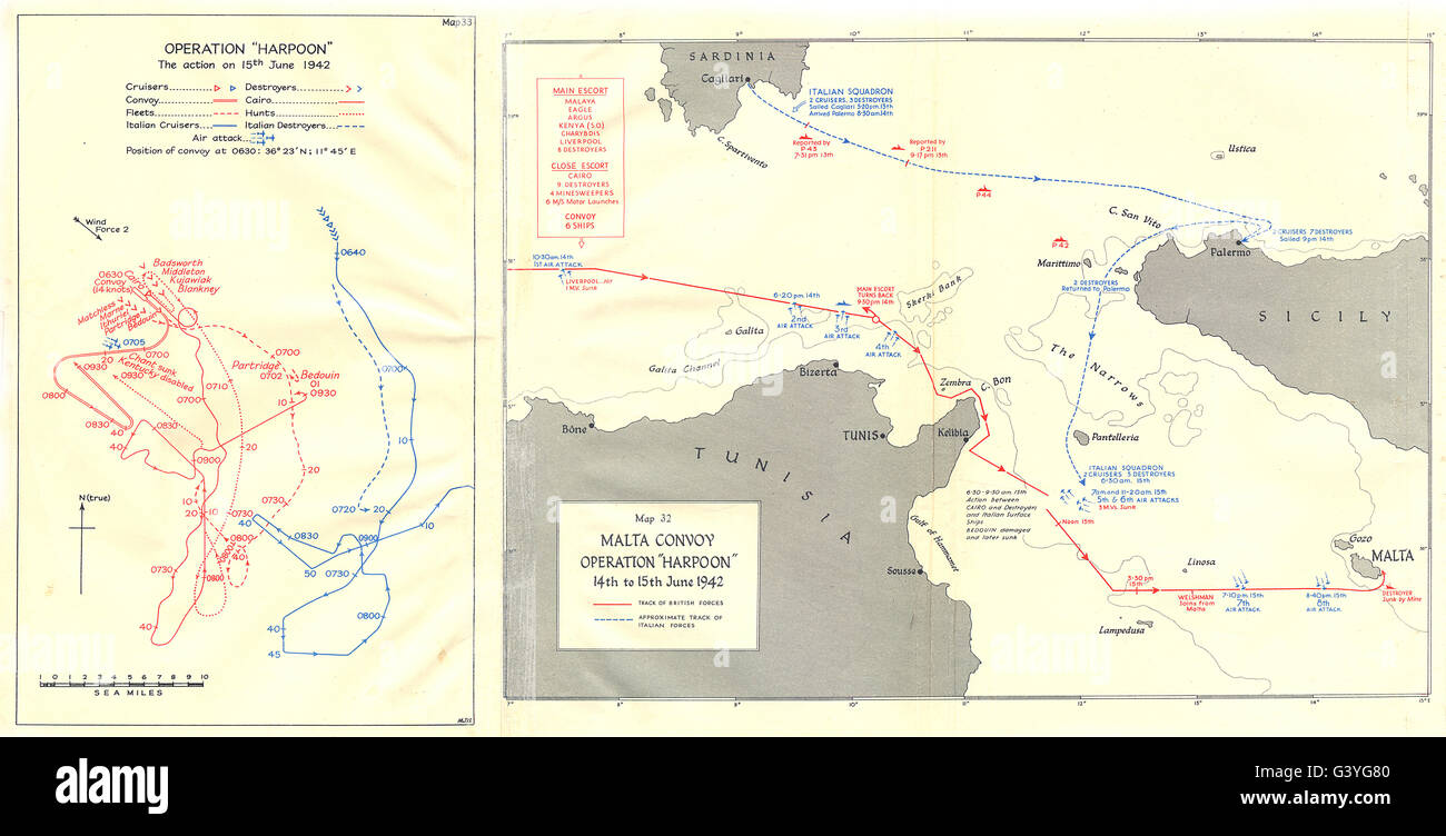 MALTA: convoglio Operation Harpoon XIV e XV GIUGNO 1942, 1960 Vintage map Foto Stock