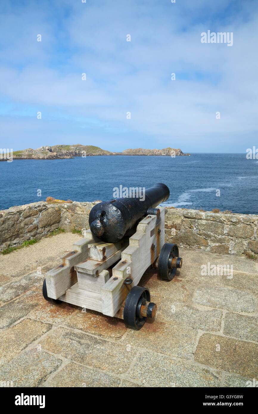 Cannone in Cromwell's Castle, Isola di Tresco, isole Scilly, Cornwall, Regno Unito, GB Foto Stock