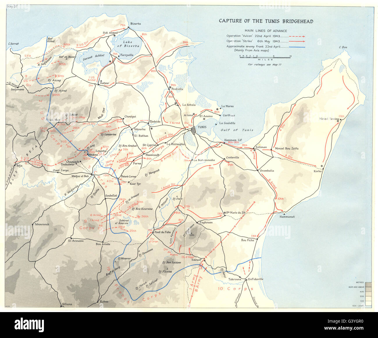 TUNISIA: Forze Alleate faccia March-Apr Bridgehead 1943: acquisizione di Tunisi 1966 mappa Foto Stock