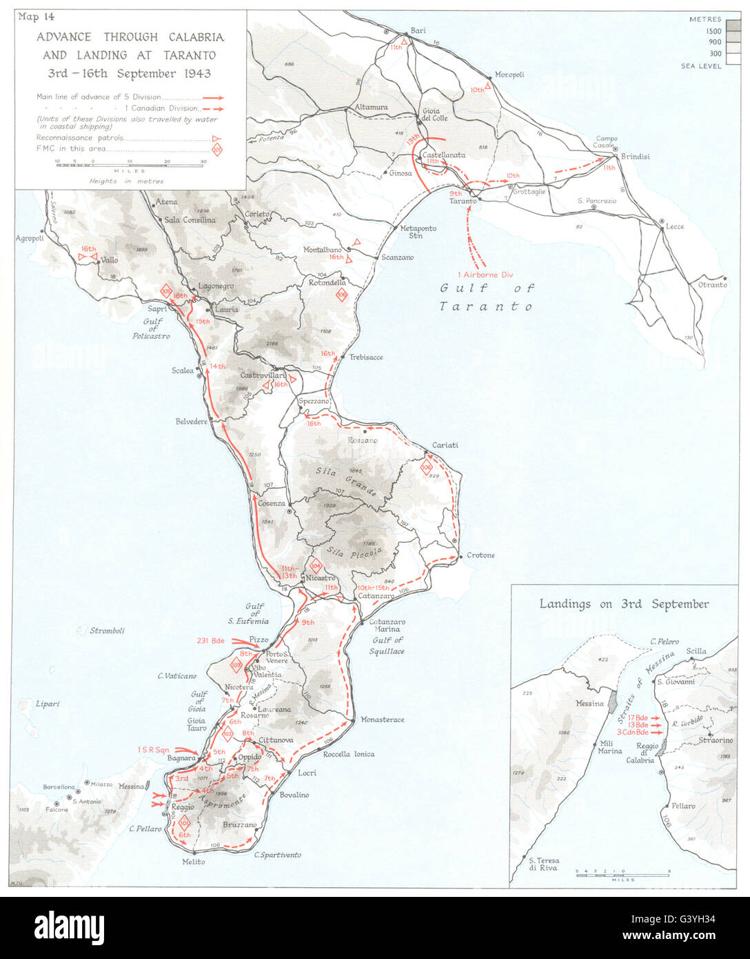 Italia: Invasione di: Calabria Sep 1943: anticipo; in atterraggio a Taranto, 1973 Mappa Foto Stock