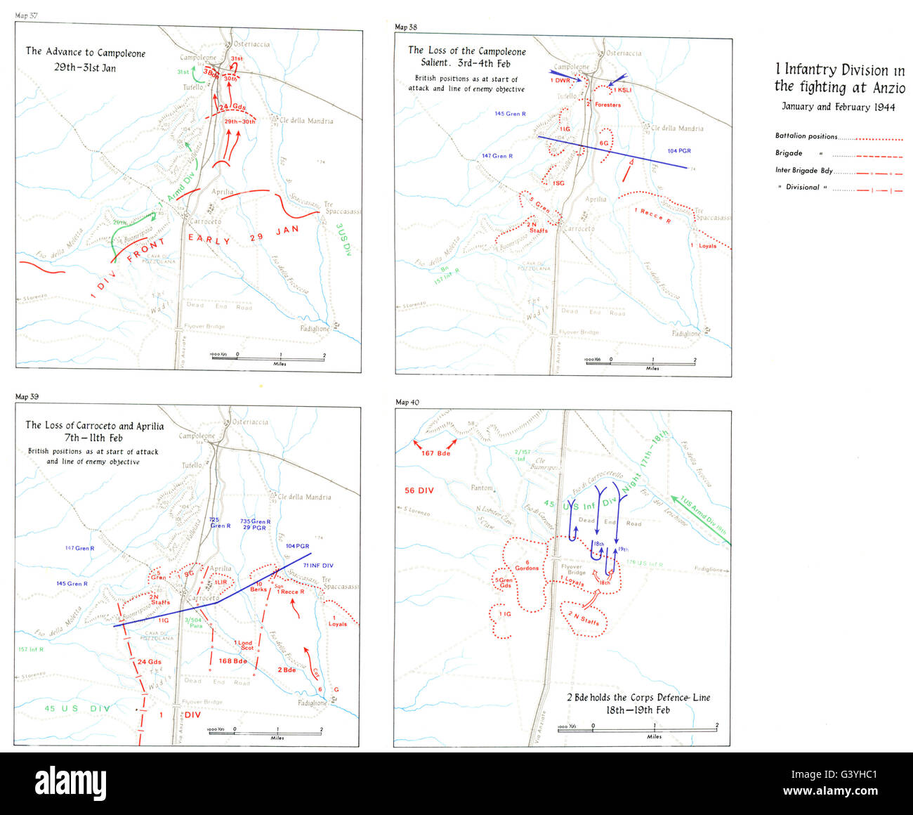 ANZIO:Sbarco Alleato gennaio-febbraio 1944: Campoleone Carroceto salienti Aprilia 1973 mappa Foto Stock