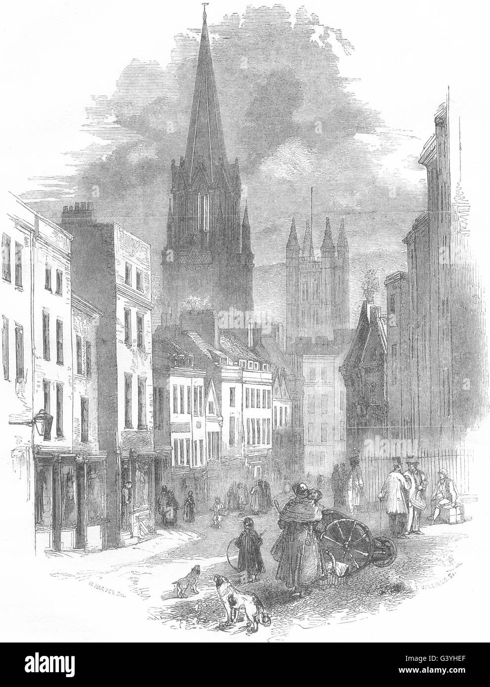 SOMERSET: Bagno: Broad Street e la chiesa di San Michele, antica stampa 1850 Foto Stock